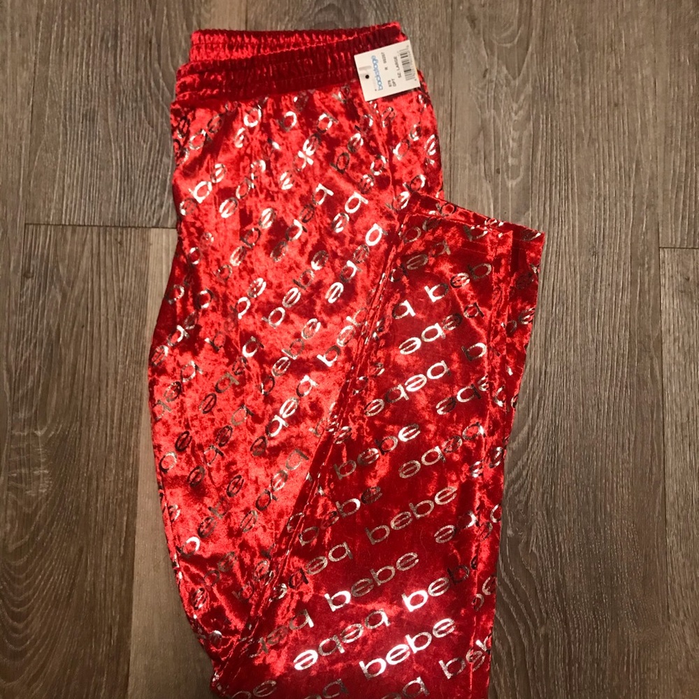 BEBE RED SILVER LOGO PANTS VELVET FEEL S M L XL